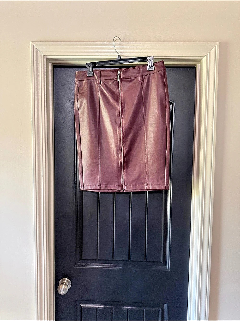 Burgundy Faux Leather Knee length Skirt
